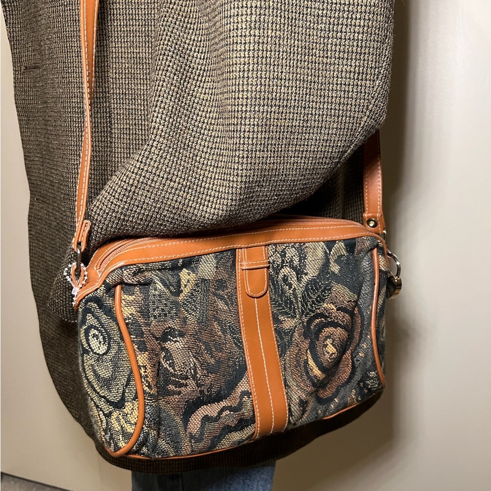 Floral Tapestry Crossbody Bag with Tan Accents